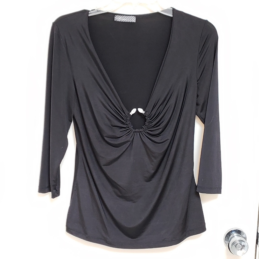 Sexy Low Cut Black 3/4 Sleeve Stretchy Blouse XL